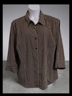 Notations Plus Size 3X Black and Tan Vertical Stripe Button-Down Blouse Shirt